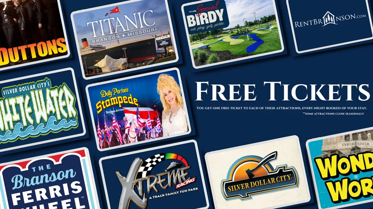 This vibrant interior image features the 'Free Tickets' promotion alongside logos of top Branson attractions including Silver Dollar City and Dolly Parton's Stampede, accompanied by colorful graphics. It visually represents the excitement and variety of local attractions, inviting guests to explore beyond the cabin.